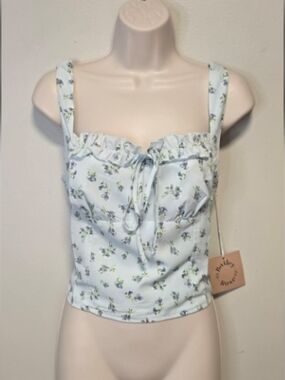 NWT Bailey Rose Light Blue Floral Tie-Front Ruffle Crop Top Large 🌞